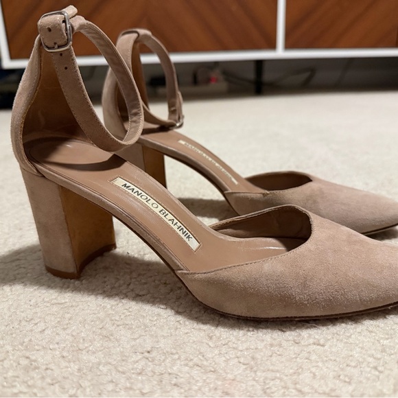 Manolo Blahnik Lausam Suede Block Heel Ankle Strap Shoes - Picture 4 of 12